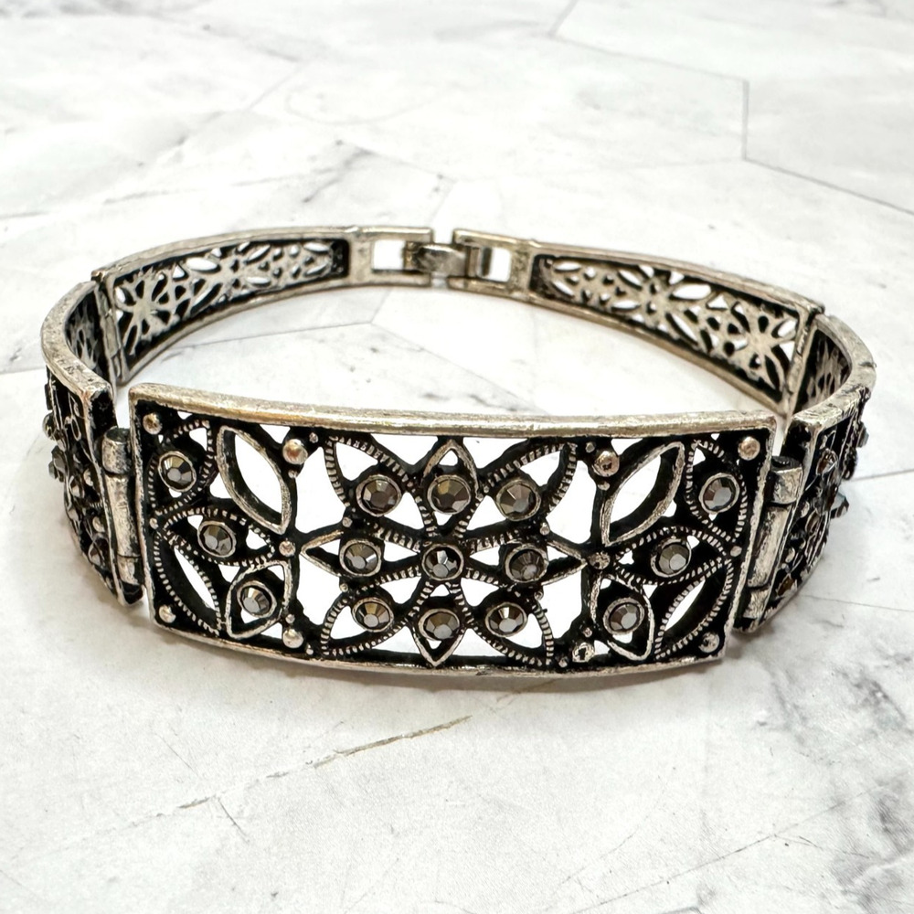 Filigree Hinged Panel Bracelet Silver Tone Open Work Rhinestone Romantic